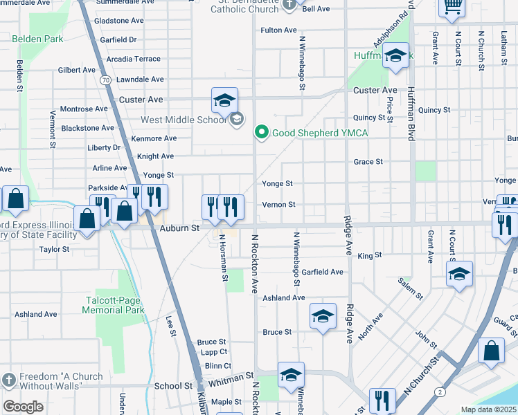 map of restaurants, bars, coffee shops, grocery stores, and more near 2424 Vernon Street in Rockford