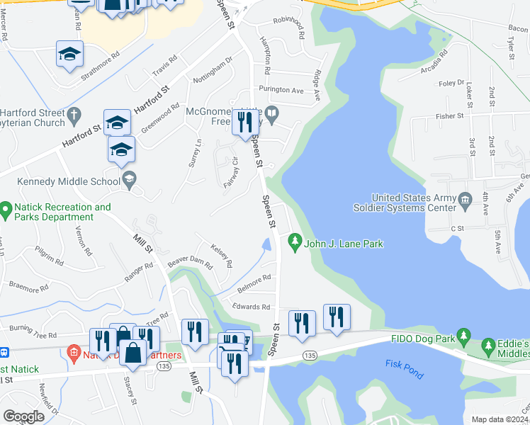 map of restaurants, bars, coffee shops, grocery stores, and more near 188 Speen Street in Natick