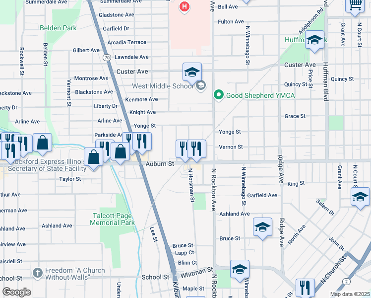 map of restaurants, bars, coffee shops, grocery stores, and more near 1518 North Horsman Street in Rockford
