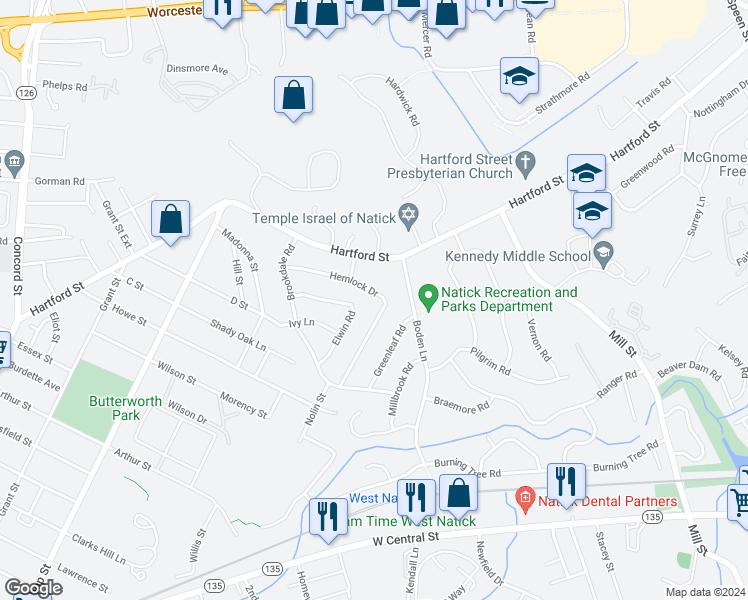 map of restaurants, bars, coffee shops, grocery stores, and more near 21 Hemlock Drive in Natick