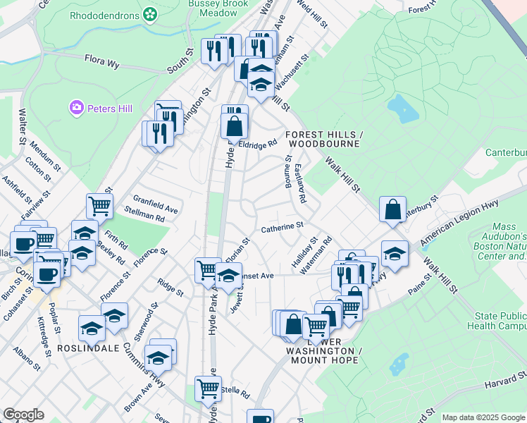 map of restaurants, bars, coffee shops, grocery stores, and more near 5 Goodway Road in Boston