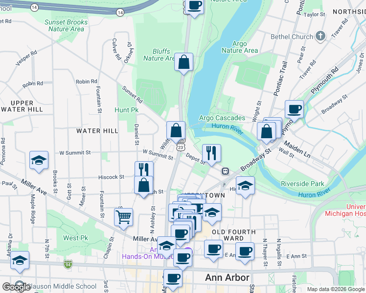 map of restaurants, bars, coffee shops, grocery stores, and more near 912 North Main Street in Ann Arbor