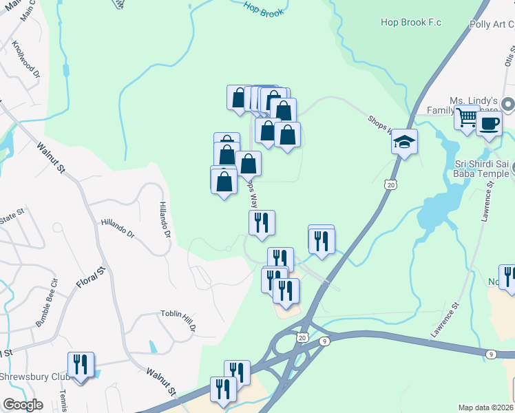 map of restaurants, bars, coffee shops, grocery stores, and more near Shops Way in Northborough