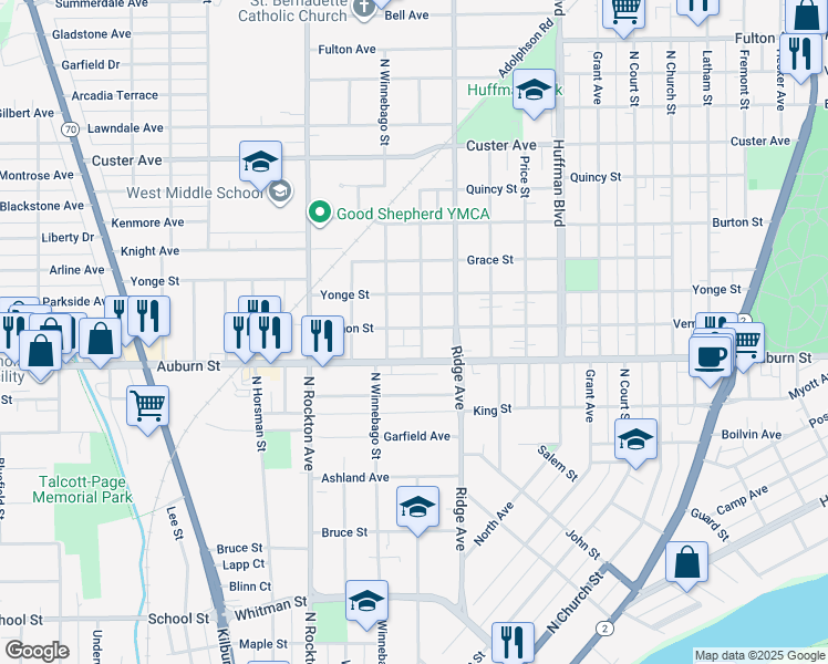 map of restaurants, bars, coffee shops, grocery stores, and more near 1528 Carney Avenue in Rockford