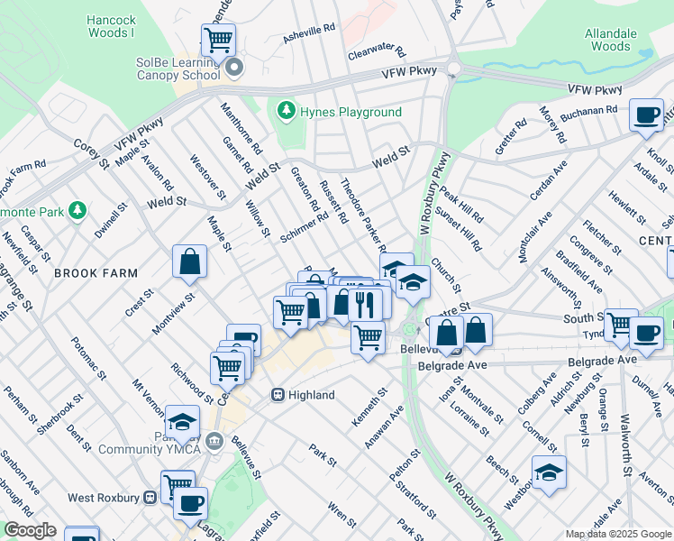 map of restaurants, bars, coffee shops, grocery stores, and more near 71 Manthorne Road in Boston