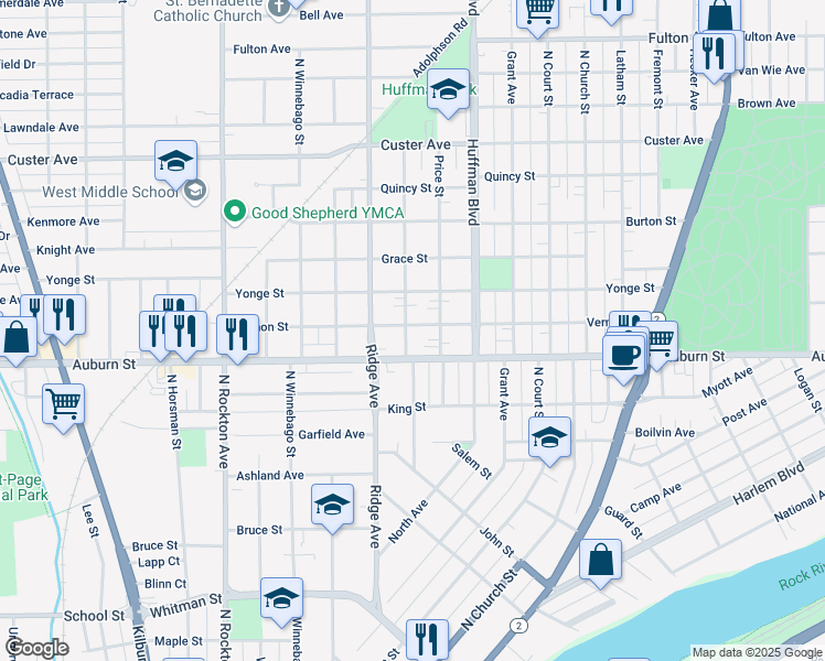 map of restaurants, bars, coffee shops, grocery stores, and more near 1523 Bruner Street in Rockford