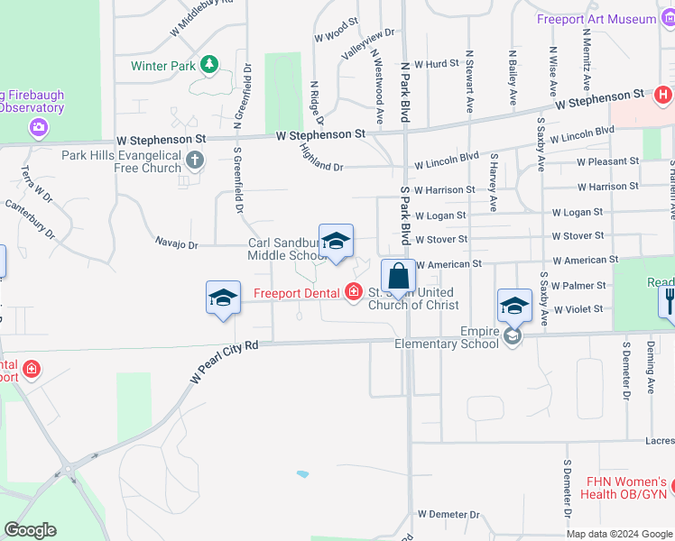 map of restaurants, bars, coffee shops, grocery stores, and more near 1717 West Eby Street in Freeport