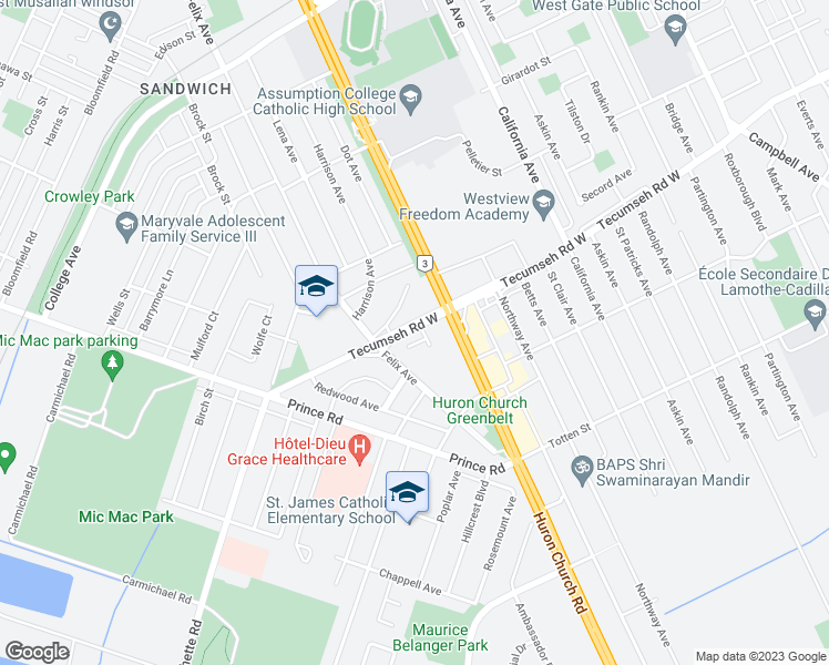 map of restaurants, bars, coffee shops, grocery stores, and more near 2883 Tecumseh Road West in Windsor