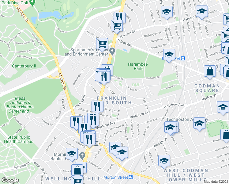 map of restaurants, bars, coffee shops, grocery stores, and more near 61 Floyd Street in Boston