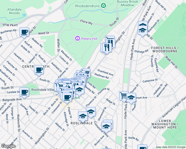 map of restaurants, bars, coffee shops, grocery stores, and more near 16 Stellman Road in Boston