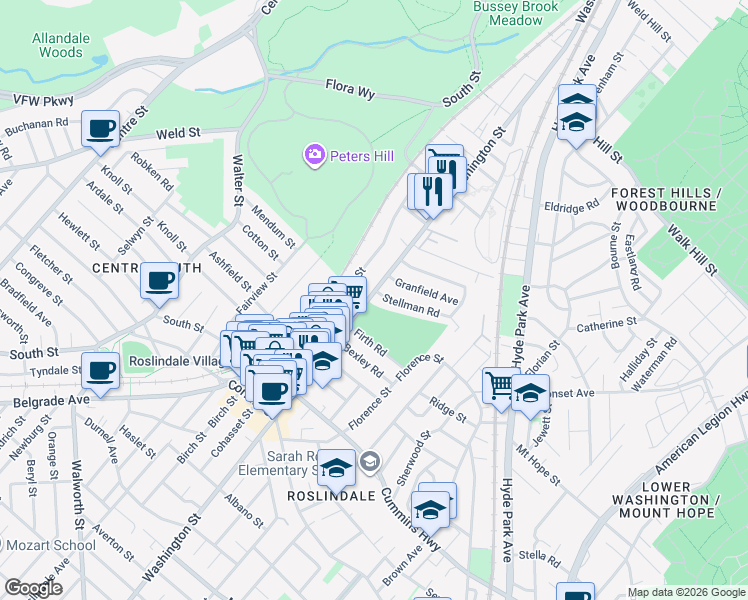 map of restaurants, bars, coffee shops, grocery stores, and more near 16 Stellman Road in Boston