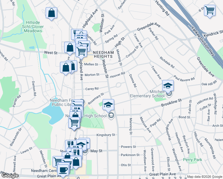 map of restaurants, bars, coffee shops, grocery stores, and more near 46 Homestead Park in Needham
