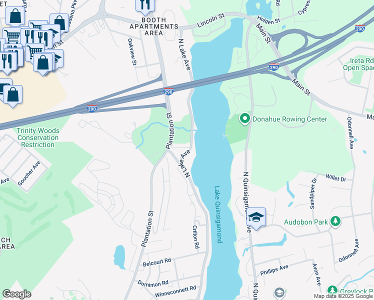 map of restaurants, bars, coffee shops, grocery stores, and more near 340 North Lake Avenue in Worcester