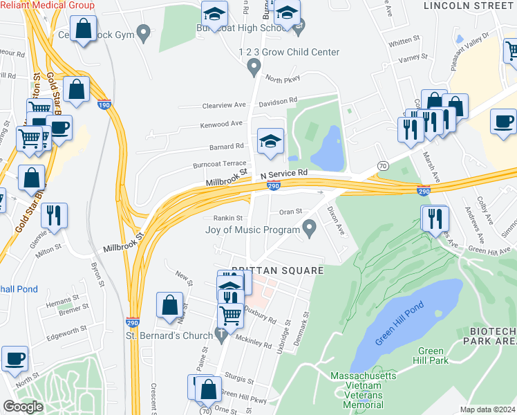 map of restaurants, bars, coffee shops, grocery stores, and more near 41 Burncoat Street in Worcester