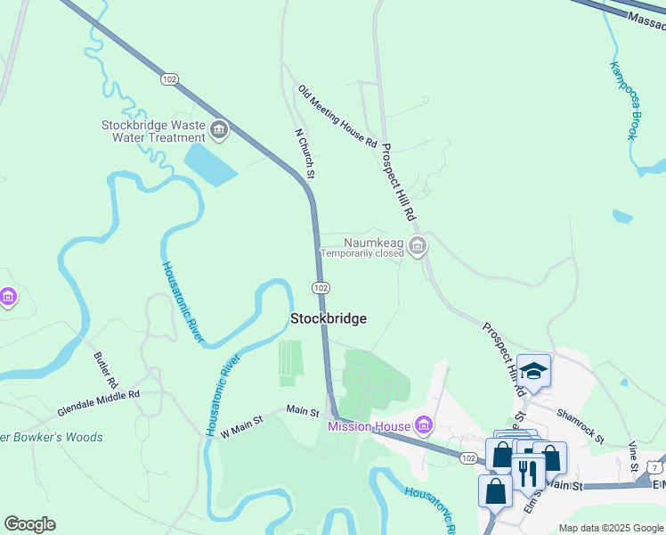 map of restaurants, bars, coffee shops, grocery stores, and more near 2-40 Church Street in Stockbridge