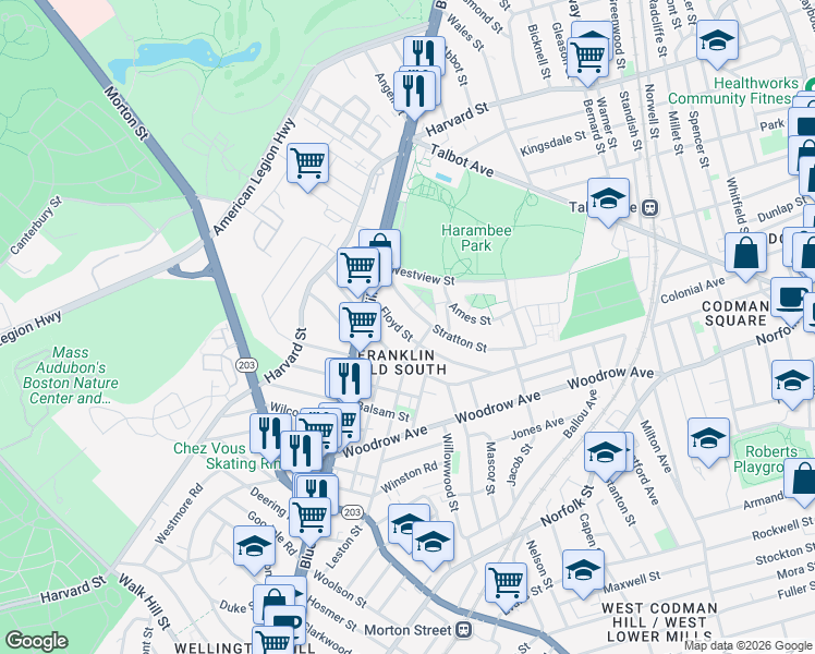map of restaurants, bars, coffee shops, grocery stores, and more near 44 Floyd Street in Boston