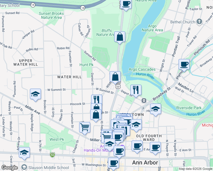 map of restaurants, bars, coffee shops, grocery stores, and more near 206 West Summit Street in Ann Arbor