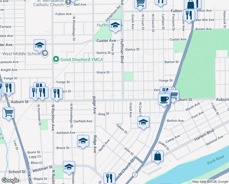 map of restaurants, bars, coffee shops, grocery stores, and more near 1523 Price Street in Rockford