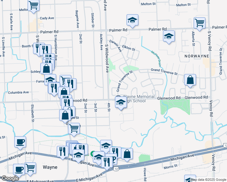 map of restaurants, bars, coffee shops, grocery stores, and more near 34223 Dayton Court in Westland
