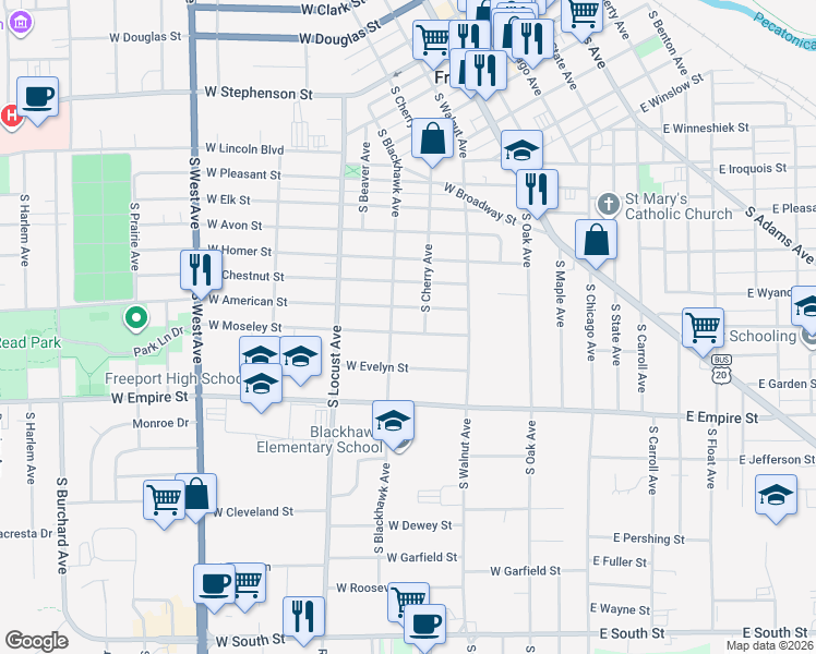 map of restaurants, bars, coffee shops, grocery stores, and more near 416 West Moseley Street in Freeport