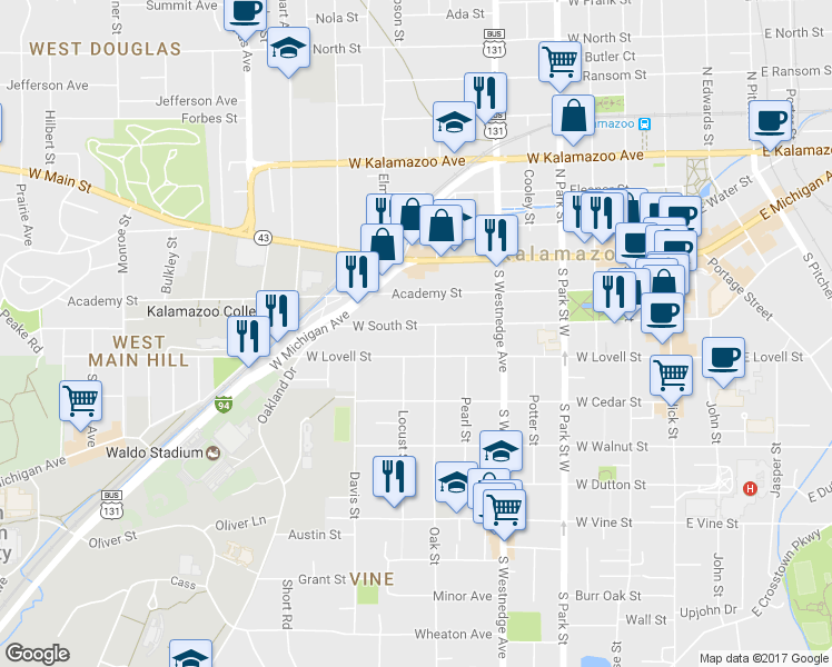 map of restaurants, bars, coffee shops, grocery stores, and more near 711 West South Street in Kalamazoo