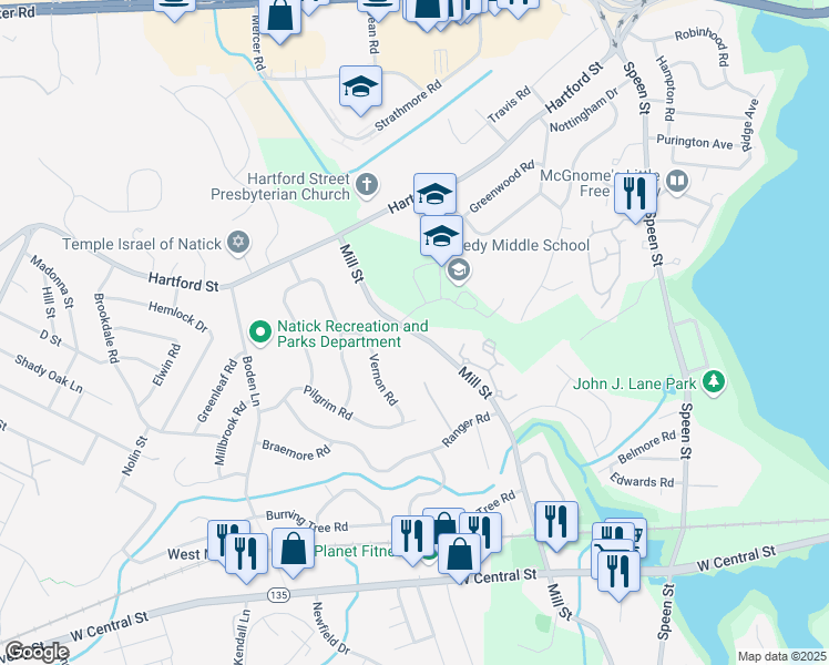 map of restaurants, bars, coffee shops, grocery stores, and more near 165 Mill Street in Natick