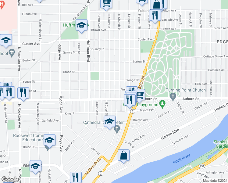 map of restaurants, bars, coffee shops, grocery stores, and more near 1518 Vernon Street in Rockford