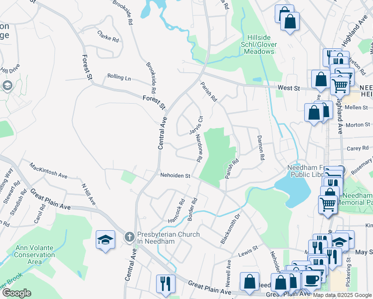 map of restaurants, bars, coffee shops, grocery stores, and more near 24 Julia Road in Needham