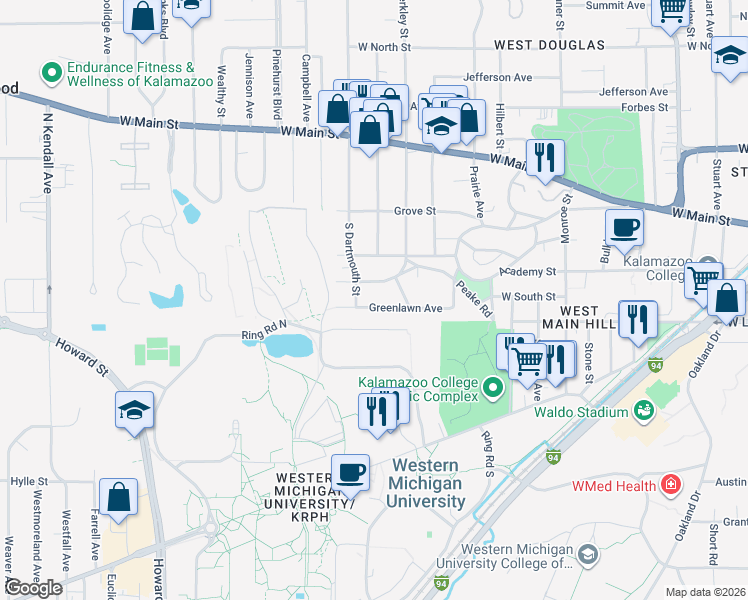 map of restaurants, bars, coffee shops, grocery stores, and more near 1912 Greenlawn Avenue in Kalamazoo