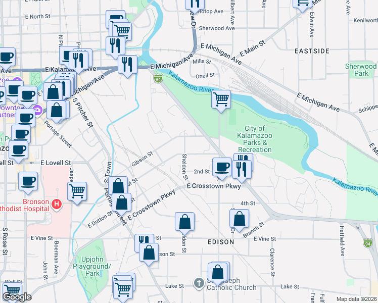 map of restaurants, bars, coffee shops, grocery stores, and more near 935 Walnut Street in Kalamazoo