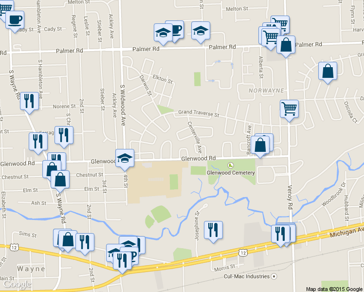 map of restaurants, bars, coffee shops, grocery stores, and more near 33816 Casco Ct in Westland