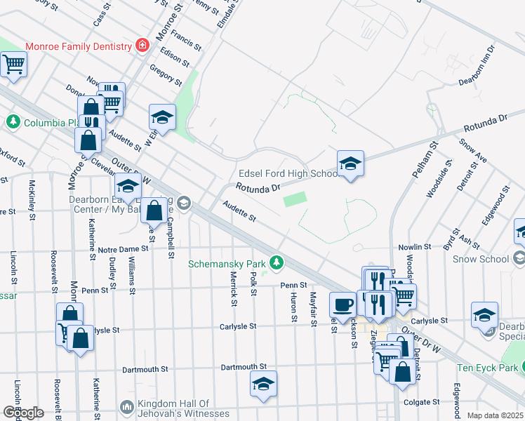 map of restaurants, bars, coffee shops, grocery stores, and more near 20725 Donaldson Street in Dearborn
