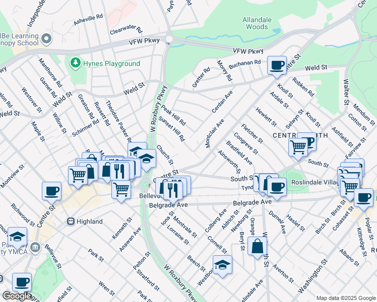 map of restaurants, bars, coffee shops, grocery stores, and more near 24 Sunset Hill Road in Boston