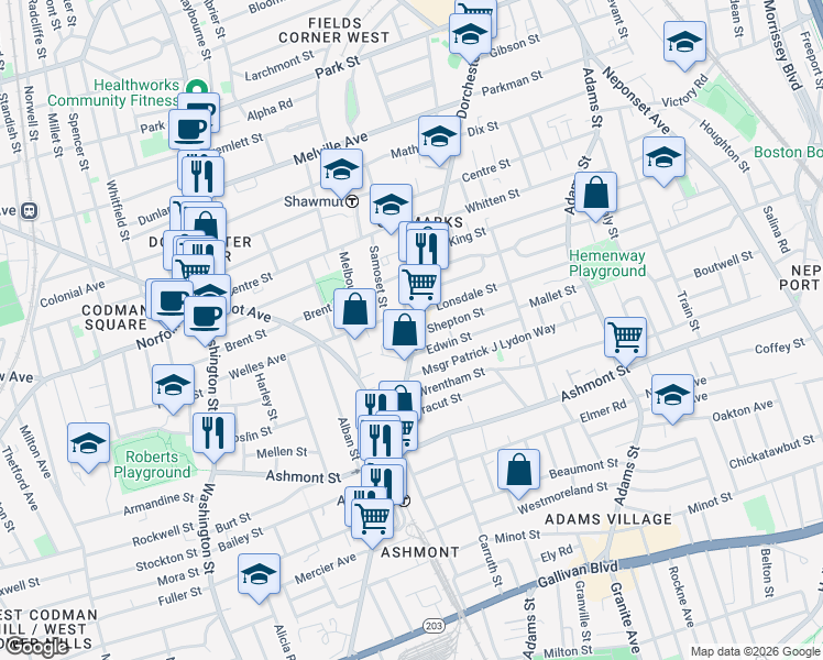 map of restaurants, bars, coffee shops, grocery stores, and more near 153 Welles Avenue in Boston