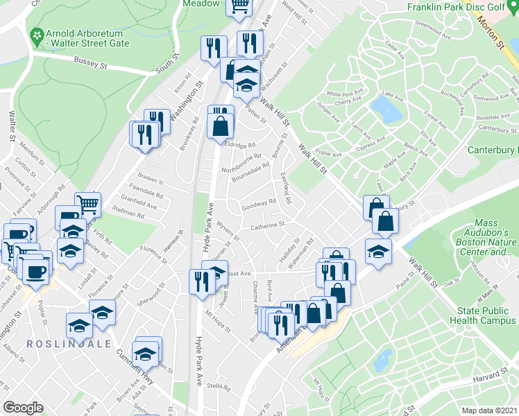 map of restaurants, bars, coffee shops, grocery stores, and more near 23 Goodway Road in Boston