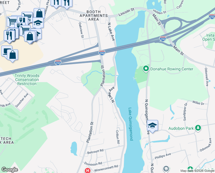 map of restaurants, bars, coffee shops, grocery stores, and more near 2 Teconnett Path in Worcester