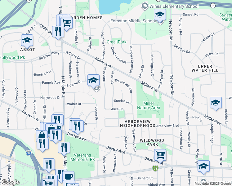 map of restaurants, bars, coffee shops, grocery stores, and more near 830 Bruce Street in Ann Arbor