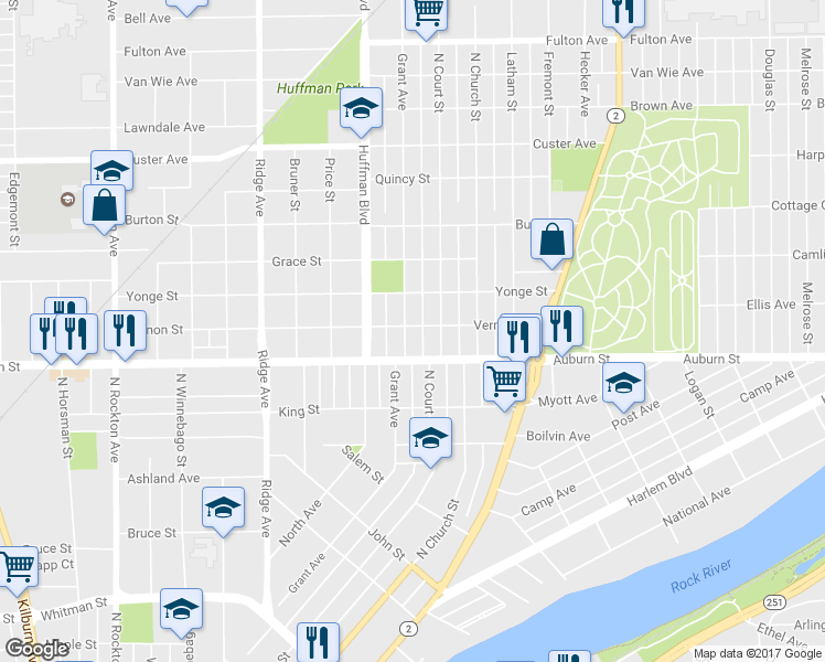 map of restaurants, bars, coffee shops, grocery stores, and more near 1523 Grant Avenue in Rockford