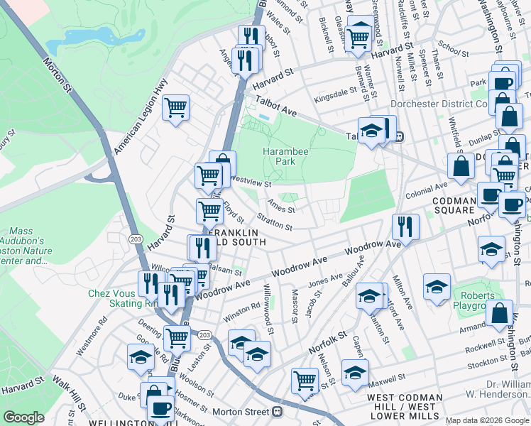 map of restaurants, bars, coffee shops, grocery stores, and more near 43 Ames Way in Boston