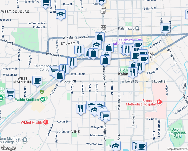 map of restaurants, bars, coffee shops, grocery stores, and more near 605 West South Street in Kalamazoo