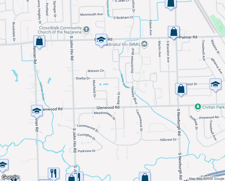 map of restaurants, bars, coffee shops, grocery stores, and more near 38353 Clinton Court in Westland