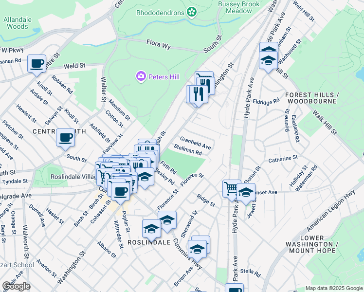 map of restaurants, bars, coffee shops, grocery stores, and more near 16 Stellman Road in Boston