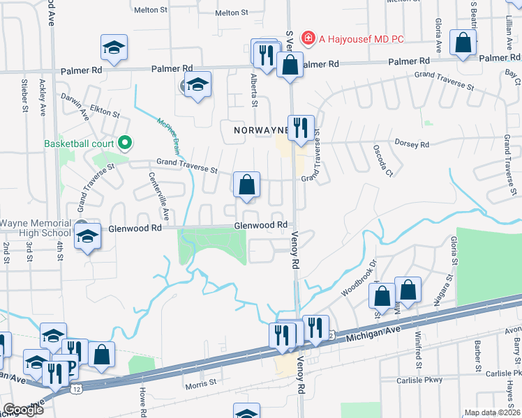 map of restaurants, bars, coffee shops, grocery stores, and more near 33110 Armada Court in Westland