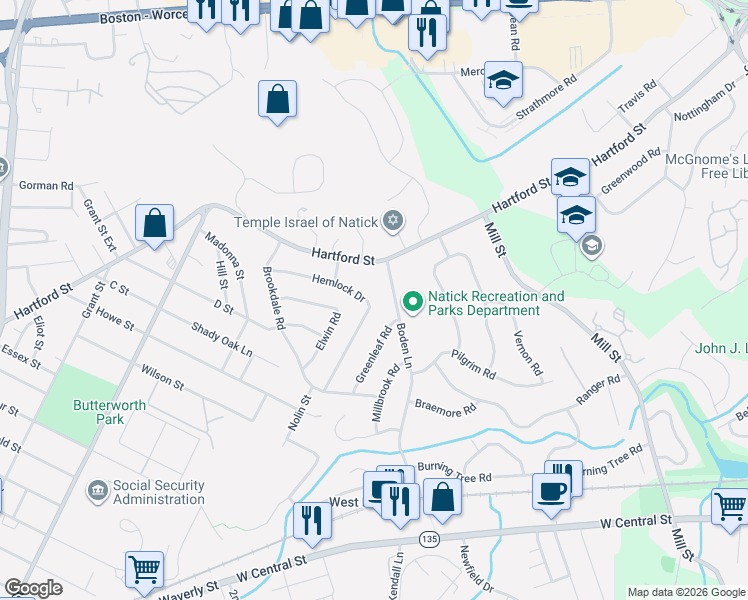 map of restaurants, bars, coffee shops, grocery stores, and more near 24 Hemlock Drive in Natick