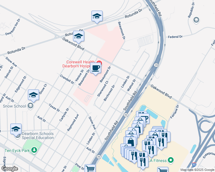 map of restaurants, bars, coffee shops, grocery stores, and more near 1533 Sherwood Court in Dearborn