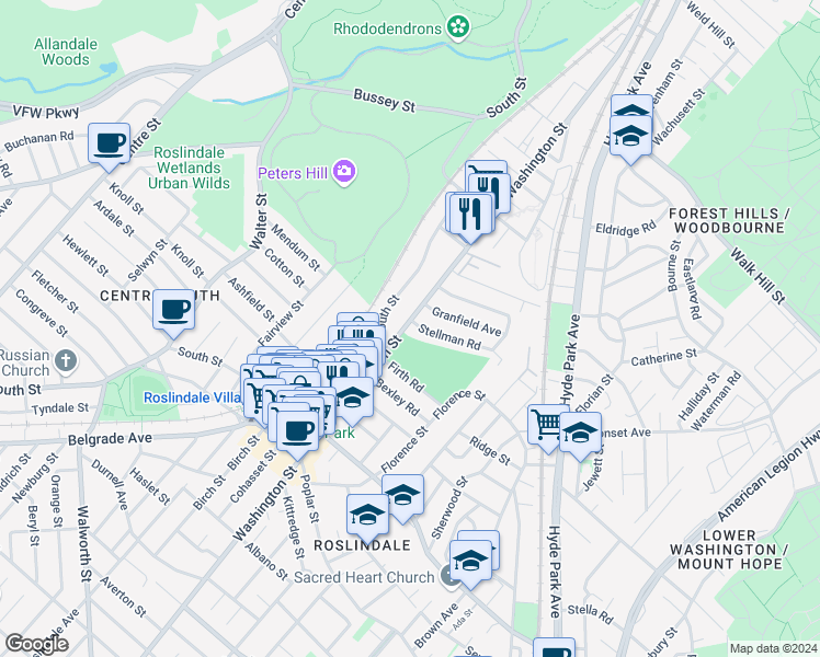 map of restaurants, bars, coffee shops, grocery stores, and more near 3 Stellman Road in Boston