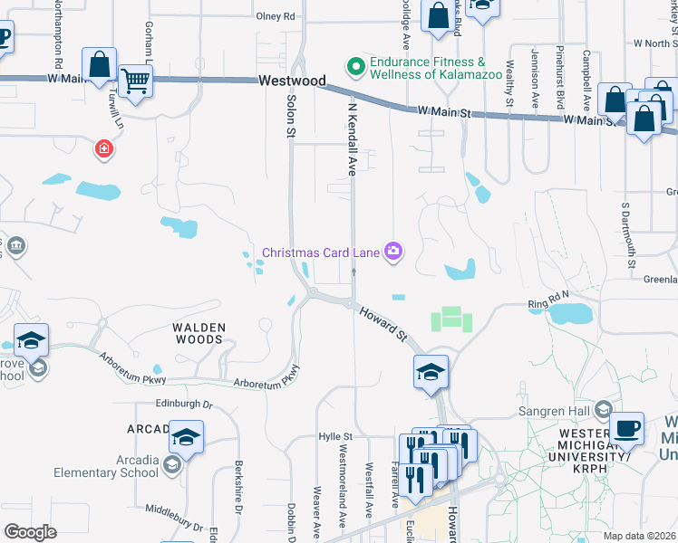 map of restaurants, bars, coffee shops, grocery stores, and more near 332 South Kendall Avenue in Kalamazoo