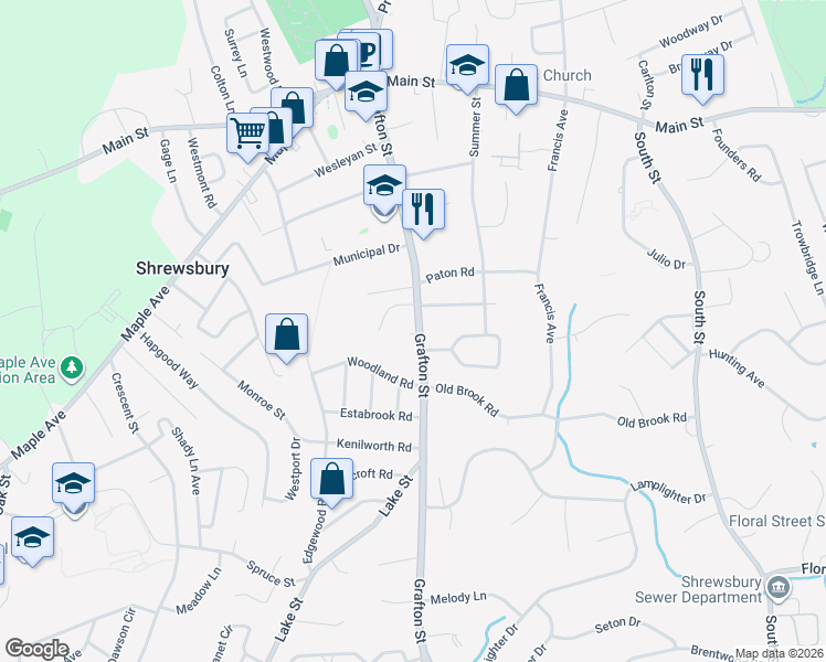 map of restaurants, bars, coffee shops, grocery stores, and more near 106 Grafton Street in Shrewsbury