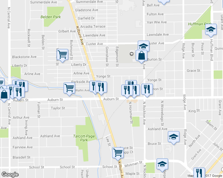 map of restaurants, bars, coffee shops, grocery stores, and more near 1532 Pauline Avenue in Rockford