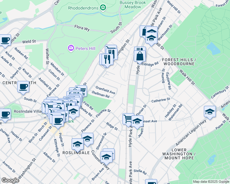 map of restaurants, bars, coffee shops, grocery stores, and more near 40 Granfield Avenue in Boston
